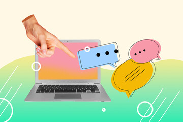 Fototapeta na wymiar Creative sketch art collage of hand point index finger colorful bubble communication laptop device chatterbox conversation