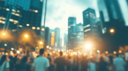Crowd gathering in urban setting during evening hours with bright city lights