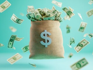 a full sack with the dollar sign prominently displayed and banknotes pouring from the opening, set against a light blue wall 3