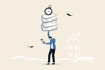 Ability to work under pressure, leadership skill to success, control stressed complete work within timeline concept, calm confident businessman working with laptop while carrying load of paperwork.