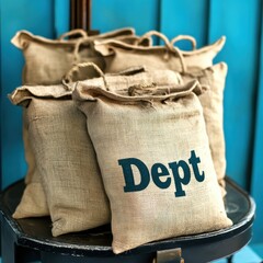 front view of several worn jute bags marked "Dept" loaded onto an industrial weighing scale with a pastel blue background 