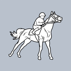 Horse Race Rider Jockey Outline Black and White  Flat Vector