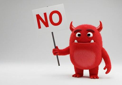 Red Cartoon Monster Holding Sign with 'no' on White Background