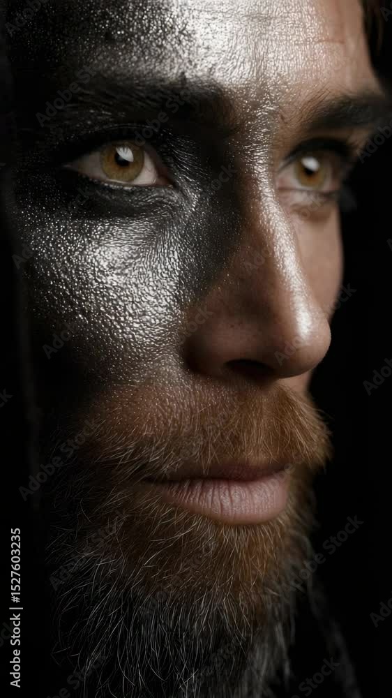 Poster Close-up of a man with artistic face paint and a deep expression, showcasing intricate designs and textures in dim lighting