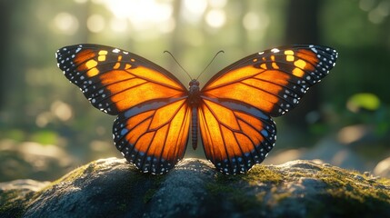 Fototapeta premium Monarch butterfly resting on a mossy rock, bathed in sunlight