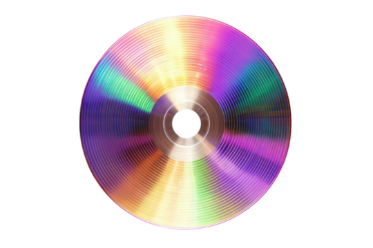 A compact disc displaying a spectrum of colors against a black background in a centered shot