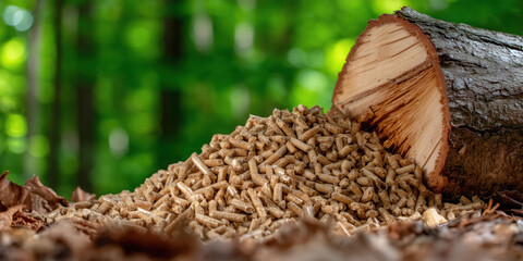 Wooden pellets and log spilling from a tree trunk showcasing sustainable biofuel energy
