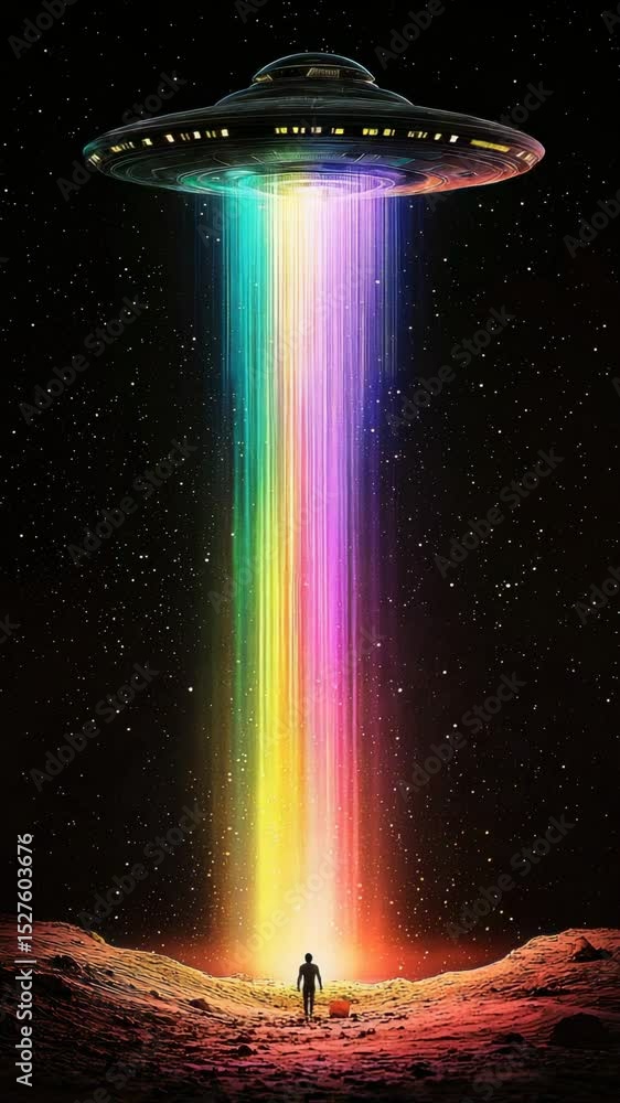 Poster mysterious encounter with a ufo in a colorful light show at a distant planet during a starry night