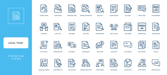 collection legal team icons legal processes documentation blue theme