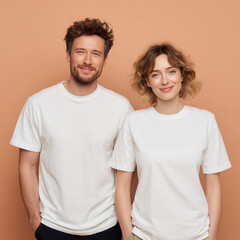 Fototapeta premium Young models, couple matching white t-shirt mockup. Woman and man, wife with husband, girlfriend and boy friend, adult brother and sister. Crewneck short sleeve tee mockup. Family holiday mockup