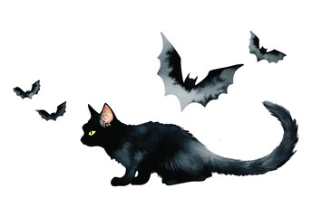 Halloween black cat with flying bats on white background, watercolor illustration