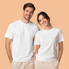 Fototapeta premium Young models, couple matching white t-shirt mockup. Woman and man, wife with husband, girlfriend and boy friend, adult brother and sister. Crewneck short sleeve tee mockup. Family holiday mockup