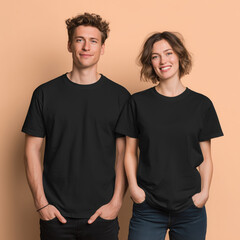Fototapeta premium Young models, couple matching black t-shirt mockup. Woman and man, wife with husband, girlfriend and boy friend, adult brother and sister. Crewneck short sleeve tee mockup. Family holiday mockup