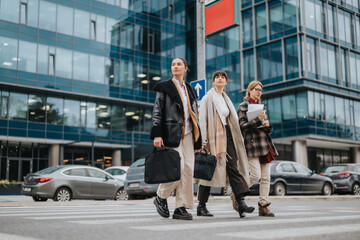 Three well-dressed businesswomen walking on a crosswalk in front of a modern office building, embodying professionalism and urban lifestyle. They carry briefcases and documents, emphasizing careers