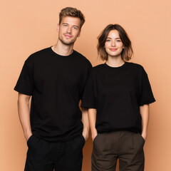 Fototapeta premium Young models, couple matching black t-shirt mockup. Woman and man, wife with husband, girlfriend and boy friend, adult brother and sister. Crewneck short sleeve tee mockup. Family holiday mockup