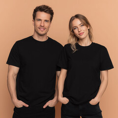 Fototapeta premium Young models, couple matching black t-shirt mockup. Woman and man, wife with husband, girlfriend and boy friend, adult brother and sister. Crewneck short sleeve tee mockup. Family holiday mockup