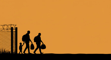 Silhouette of Migrant Family Walking Near Border Fence