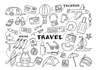 Hand drawn travel icons set with vacation accessories, summer adventure and touristic supplies