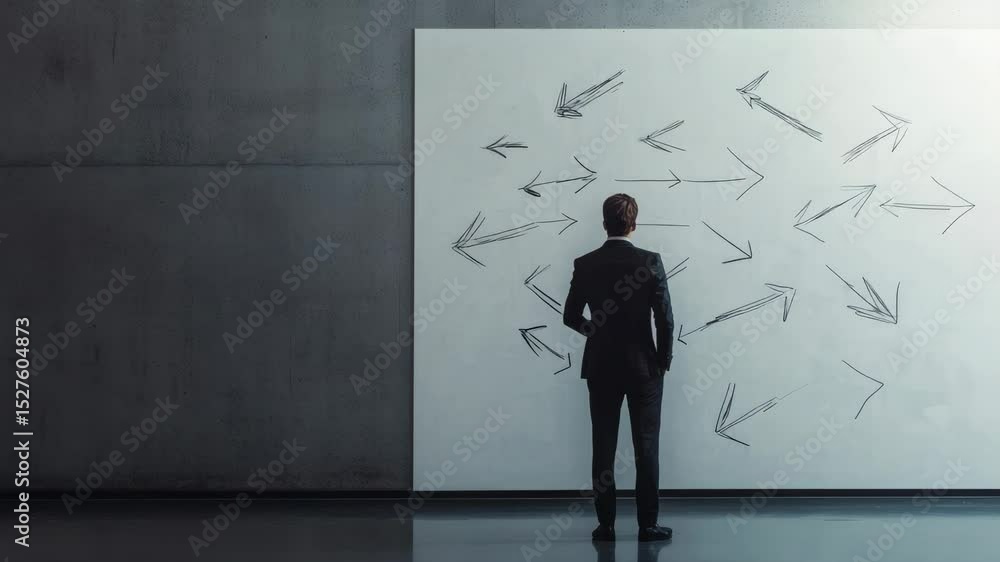 Poster professional executive analyzing business strategy, mapping potential career paths on whiteboard wit