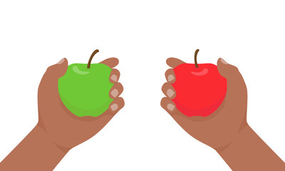 Hands holding green and red apples. Vector illustration for themes related to health, nutrition, organic food, wellness, or educational purposes
