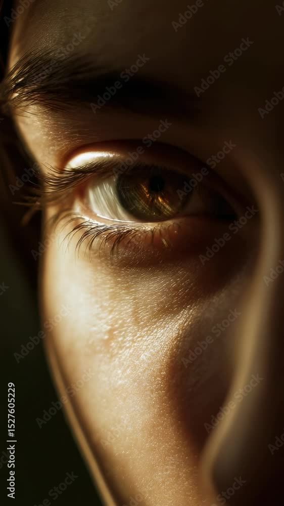 Poster close-up on expressive eye highlighting intricate details, texture, and unique colors captured at da