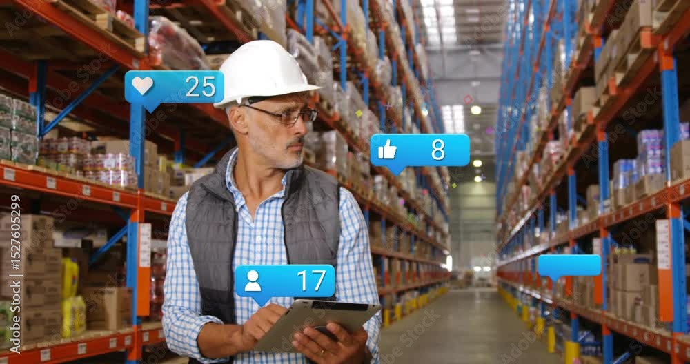 Aufkleber logistics manager tapping tablet upon blue overlay floating and monitoring social metrics updating