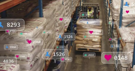 Forklift entering logistics warehouse carrying pallet with floating user and heart icons appearing - Powered by Adobe