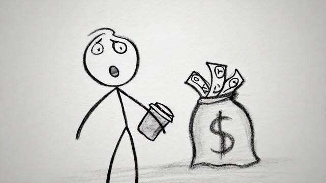 Stressful moment of a stick figure realizing coffee costs too much while holding a cup in a city setting with a bag of cash nearby