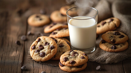 Enjoying a glass of cold milk with freshly baked chocolate chip cookies on a rustic wooden table
