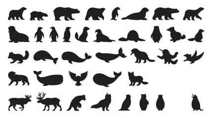 Collection of silhouette illustrations of various arctic and aquatic animals on a white background