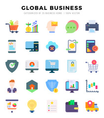 Global Business Flat icons collection. 25 icon set in a Flat design.