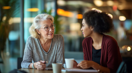 Retired female entrepreneur shares valuable insights with a young mentee during a conversation in a modern cafe setting