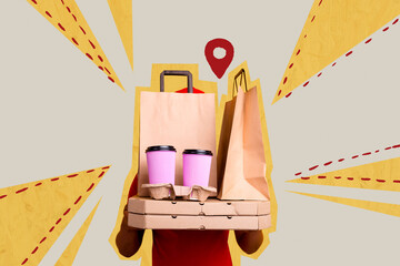 Poster sketch image artwork 3D photo collage of man hand hold pizza box bag cup coffee togo buy...