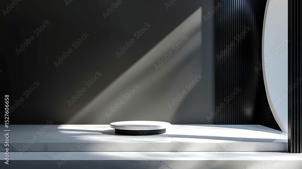 Poster a minimalist white marble podium stands in a modern studio setting with a dark background and geomet