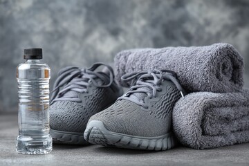 Gray running shoes, water bottle, and soft towel arranged for a post workout routine, promoting healthy lifestyle