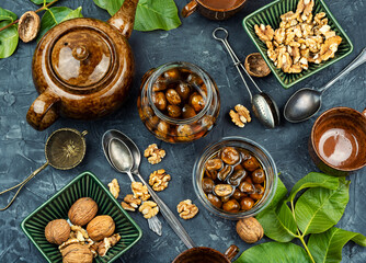 Delicious walnut jam and peeled walnut.