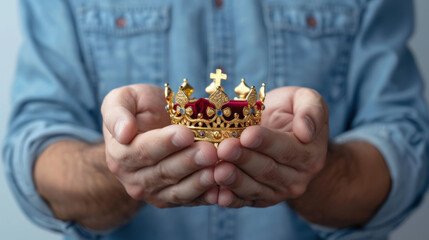 Person Holding Ornate Gold Crown with Red Velvet Interior in Hands Symbolizing Royalty, Power, and Leadership in a Studio Environment