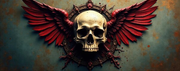 Grungy textured skull within a decaying heraldic crest, distressed, background, weathered