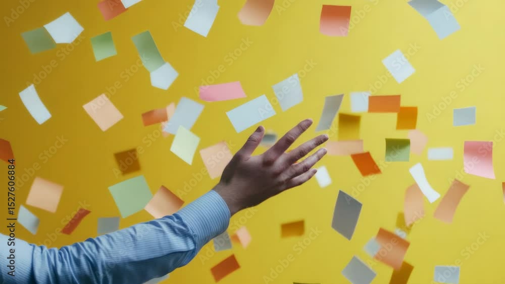 Aufkleber office worker throwing colorful sticky notes in the air, celebrating successful project completion o