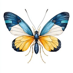 Obraz premium Beautiful butterfly with blue and yellow wings illustrated on white background.