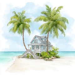 A charming beach house resides on a private island with palm trees nearby.