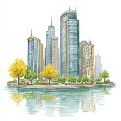 Watercolor painting depicts modern city skyline reflected in blue water.
