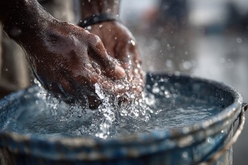Fototapeta premium Close-up captures the hands of an Asian person cupping and splashing pristine, sparkling water in a blue metal pail.