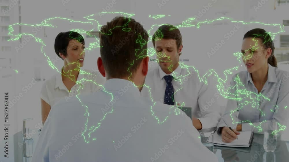 Poster Presenter gesturing as green map overlay appearing while panelists noting for business