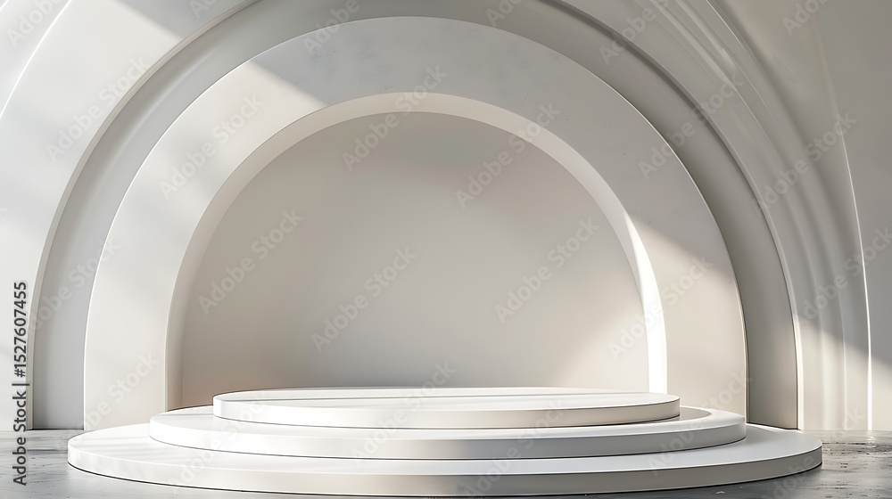 Poster a minimalist white podium with three levels stands in front of a curved architectural backdrop bathe
