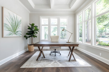 Fototapeta premium Modern workspace with a wooden desk and plenty of natural light Generative AI