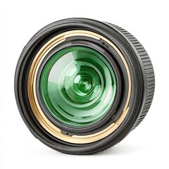 Camera lens with green reflection is isolated against a white background