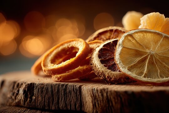 Dried citrus fruit slices arranged on rough wooden surface against an out of focus shimmering background, natural light - Powered by Adobe
