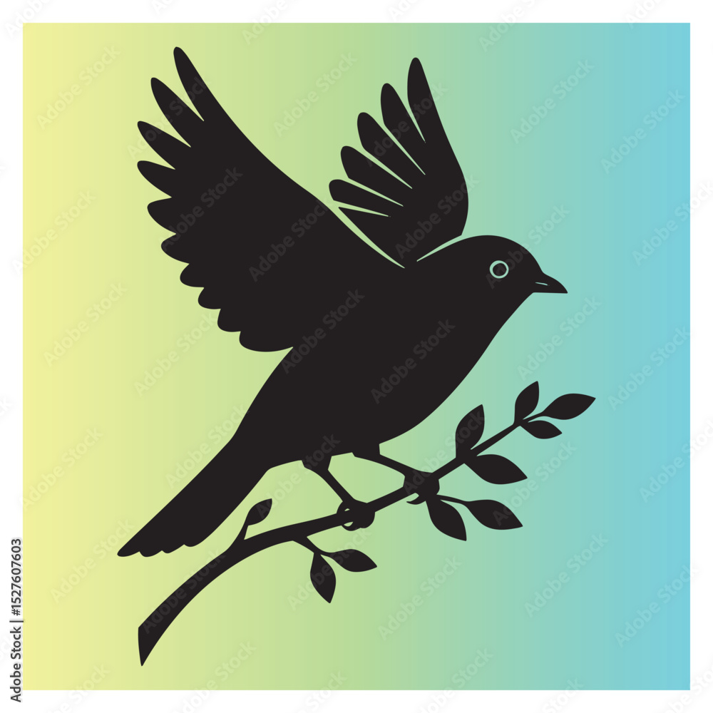 Poster silhouette of a bird with open wings perched on a branch against a gradient background