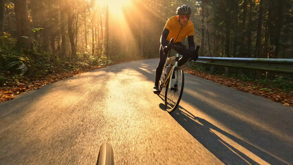 A man in a yellow shirt and helmet rides a bike down a scenic road surrounded by trees. The camera...